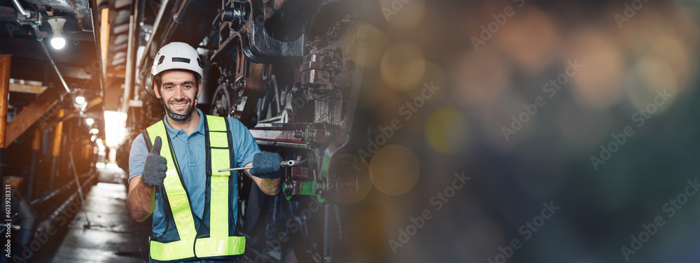 Engineer railway wearing safety uniform and helmet under checking under train ,wheels and control system for safety travel passenger. Banner cover design.