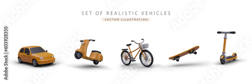 Set of realistic 3d yellow car, scooter, bicycle, skateboard and kick scooter. Advertising poster for selling different vehicles company. Vector illustration in cartoon style
