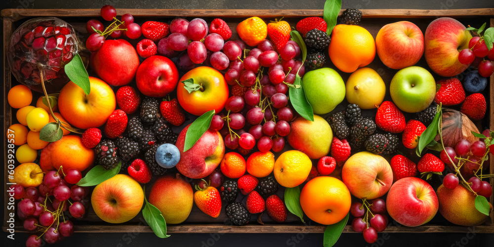 Top down view on Fresh berries and fruits, Summer background. Generative AI