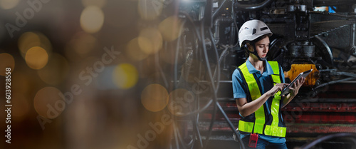 Portrait of professional woman engineer in white hardhat standing and holding tablet working in train factory. Banner cover design.