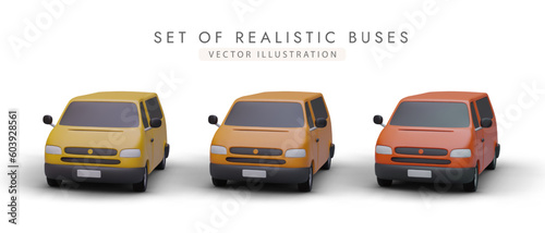 Set of realistic mini buses in different colors. Minivans for transporting groups of people. Collection for site for renting and selling cars. Tourist service