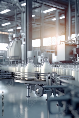 Dairy plant production line. Glass bottles with a dairy product on a production line. Generated AI