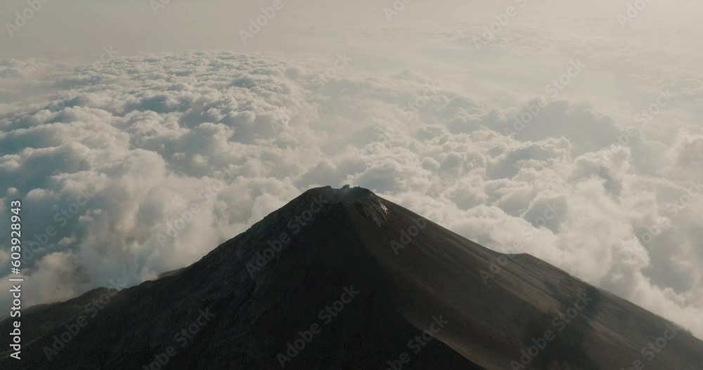 Fuego active volcano in Guatemala. Aerial tilt down