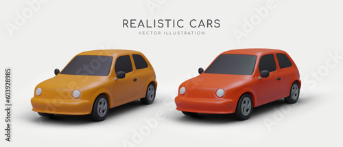 Cartoon 3d realistic automobiles. Modern city transport concept. Poster for car sales and rental company. Colorful vector illustration in red and orange colors on gray background