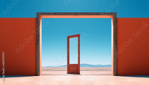 Door and Window leads to bluesky and ocean, generative ai, copy space, empty space, negative space, generative ai