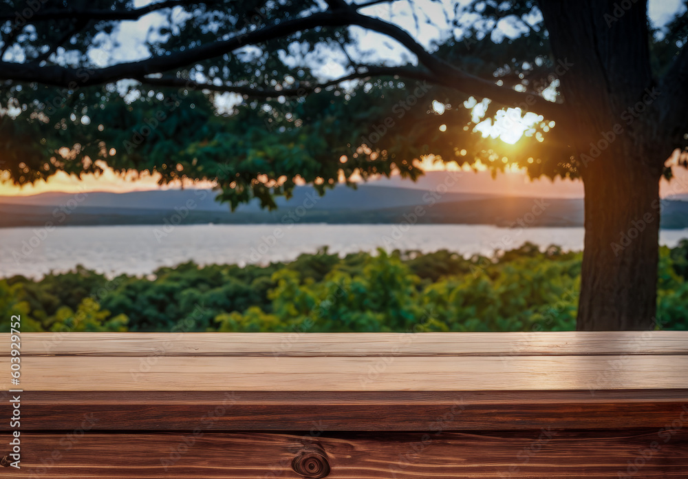 Empty wooden table over blurred nature view with morning sunrise. Product placement background. Wood plank with blurred background. Generative AI