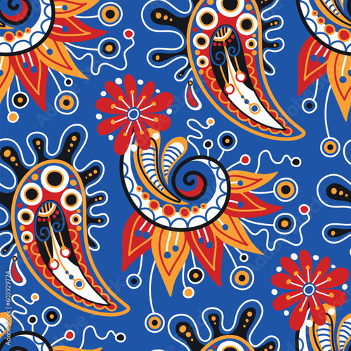 Folkloric Seamless Pattern with   Indian Paisley Swirl, Nature Inspired Design Element. Ornate Abstract Floral Pattern. Endless Texture for Fabric, Wallpaper etc. Vector Illustration