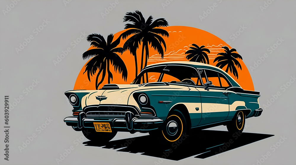 a Illustration of tshirt graphic design flat design retro car 