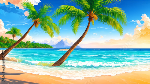 a Illustration of beach with coconut trees