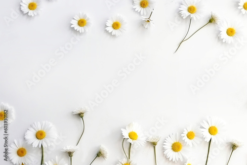 A beautiful pattern with white chamomile, daisies flowers. Floral meadow texture. Holiday wedding, birthday background from a composition of wild flowers Copy space, flat lay, top view. Postcard. ai © Вячеслав Герц