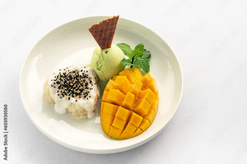 Mango with Sticky Rice and Pandan ice cream thai dessert Mango with Sticky Rice and Pandan ice cream thai dessert