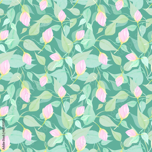 Watercolor drawing pattern of clear pink blossoms and green leaves on dark-green background. Nice picture for illustration, stickers, cards, scrapbooking