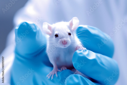 Hand of scientist holding a small mouse for experiment in laboratory, created with Generative AI Technology
