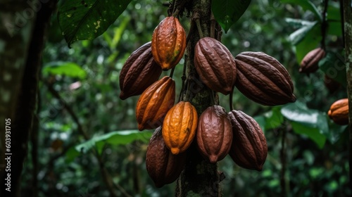 Flourishing Cocoa Tree Laden with Mature Pods: Tracing the Exotic Roots of Our Beloved Chocolate in a Wide Screen 16:9 Display Proportions - Generative AI Illustration