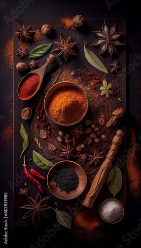 Variety of traditional spices and herbs on dark wooden board. Vertical kitchen composition. Generative AI illustration