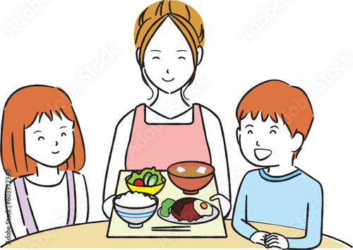 線画　子供に食事を提供するエプロンの女性
