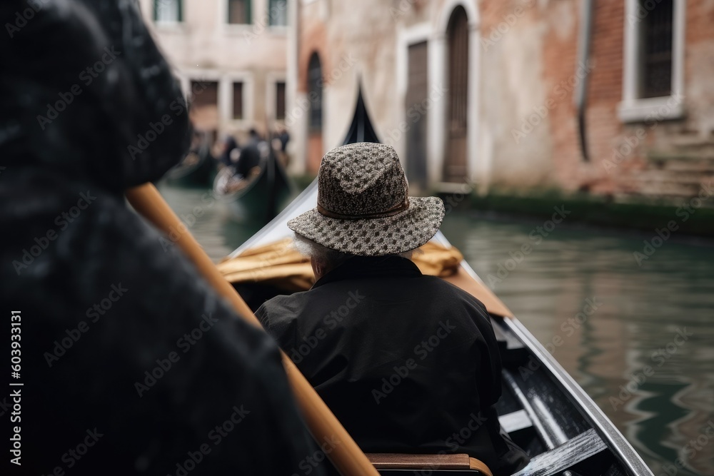Gondola with a gondolier and a tourist girl close-up. Generative AI - obrazy, fototapety, plakaty 