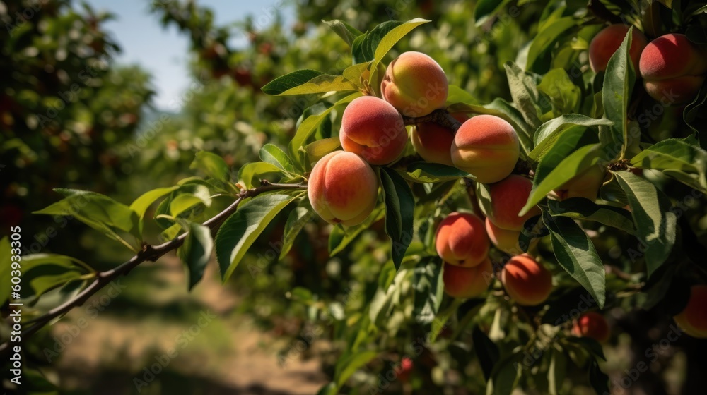 Peach Tree Abundantly Adorned with Lovely Fruits: Showcasing the Radiant Splendor of Summer Harvest Unveiled in a Contemporary 16:9 Display Format - Generative AI Illustration