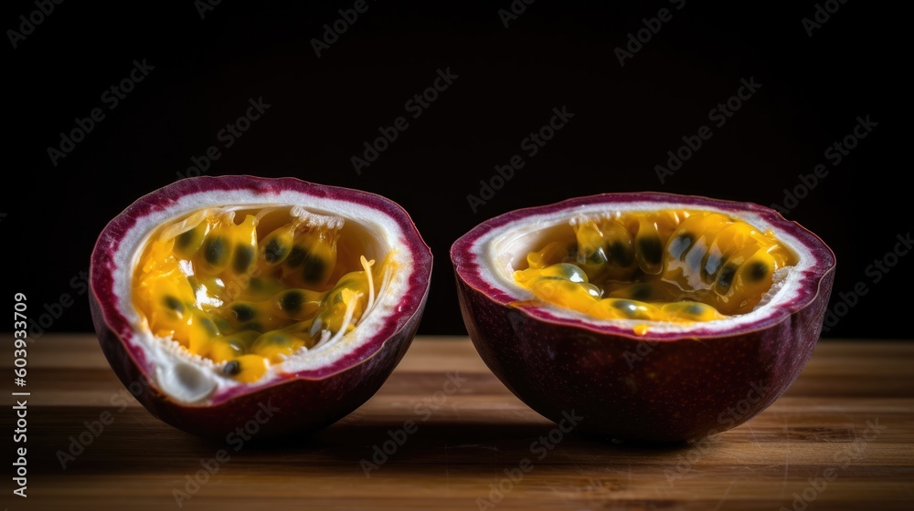 Vibrant Display of a Passion Fruit Halved, Presented Artistically Against a Striking Backdrop - Generative AI Illustration Vibrant Display of a Passion Fruit Halved, Presented Artistically Against a Striking Backdrop - Generative AI Illustration