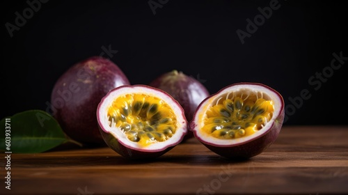Vibrant Display of a Passion Fruit Halved, Presented Artistically Against a Striking Backdrop - Generative AI Illustration