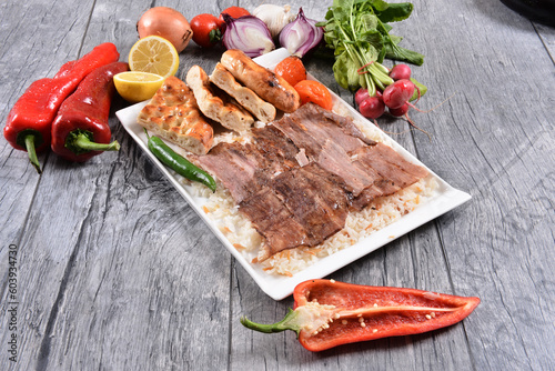 Doner with Rice, pita and grilled vegetables