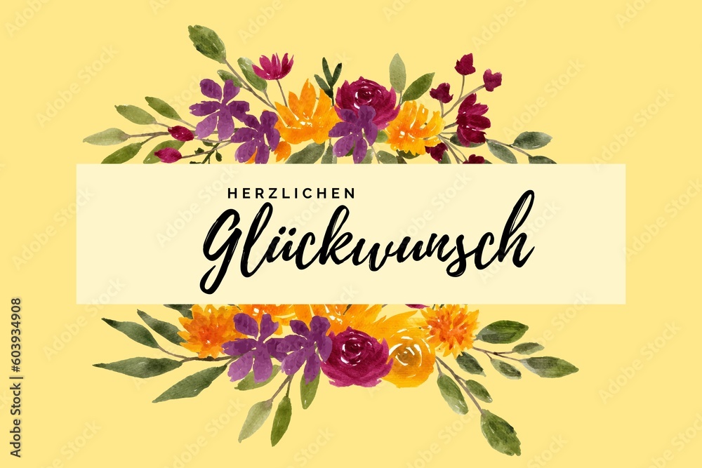 Herzlichen Glückwunsch Schriftzug mit orangen, pinken und violetten ...