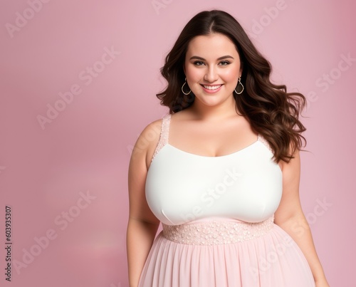 Young woman posing in a pink background. Generative AI