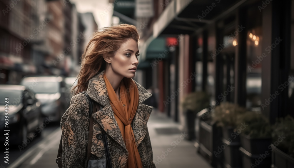 Female fashion fashion model or woman walking down street in big city - theme fashion, fashion or beauty