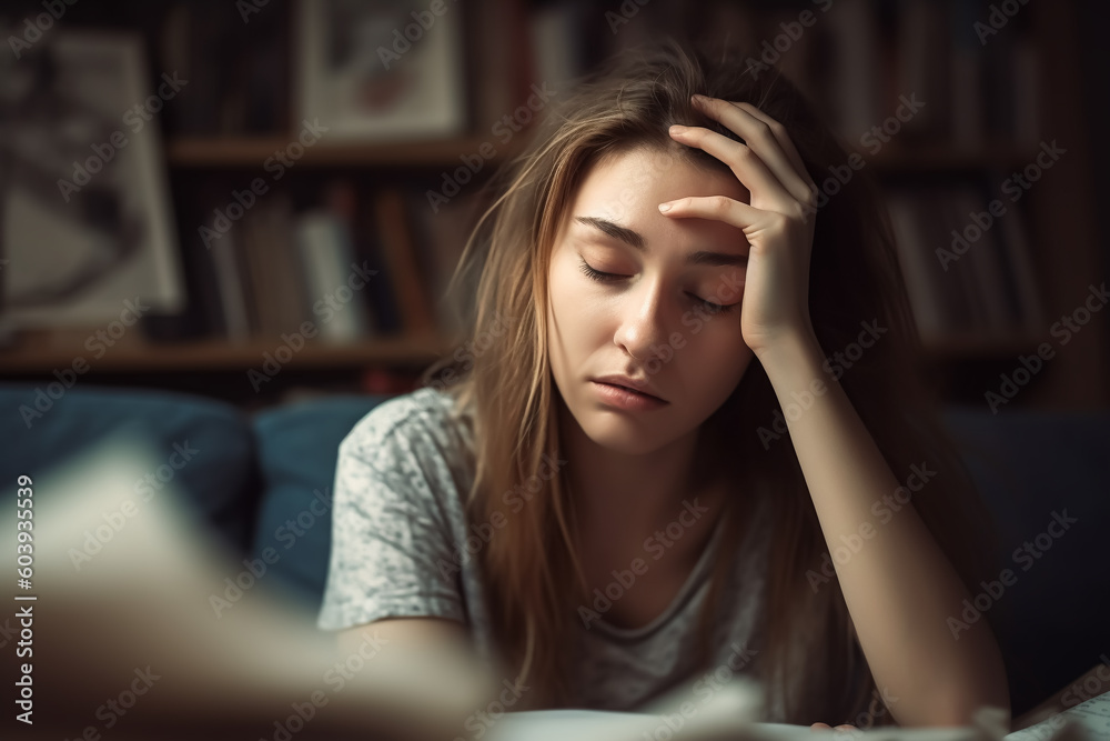 Woman with symptoms of depression, stress, burnout or exhaustion - Theme Depressed, Fatique Syndrome, Sick - Generative AI Woman with symptoms of depression, stress, burnout or exhaustion - Theme Depressed, Fatique Syndrome, Sick - Generative AI