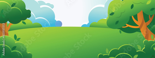 Green summer or spring landscape in cartoon style. Background for design. Forest or park meadow with trees, bushes and clouds.