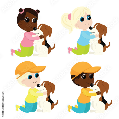 Set of boys and girls with a dog. The child is sitting on his lap, smiling and happy. Friendship between man and dog.