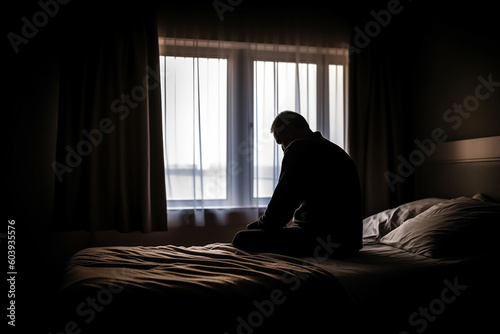 Man with depression or insomnia sits on bed in dark room - Theme Depressed, Fatique Syndrome, Insomnia - Generative AI