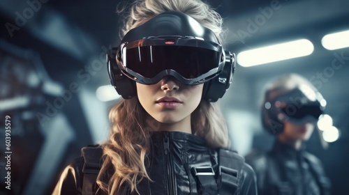 Beautiful female android cyborg aviator pilot wearing futuristic VR glasses, futuristic pilot helmet. Generative AI. © Pro Hi-Res