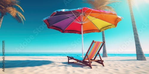 Colorful umbrella with beach chairs on tropical beach blue sky background. Generative AI