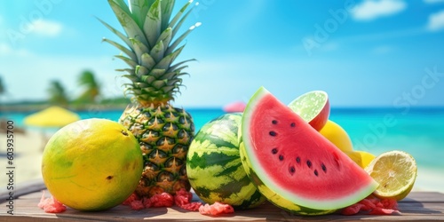 Freshy fruits watermelon and pineapple on tropical beach blue sky background. Generative AI