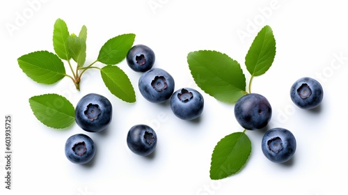Fresh blueberries with bluberry leaves isolated on white background. Top vew. generative ai