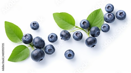 Fresh blueberries with bluberry leaves isolated on white background. Top vew. generative ai