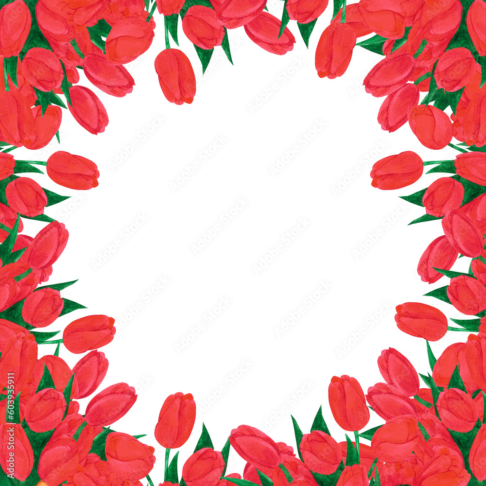 Hand drawn watercolor red tulips bouquet frame on white background. Scrapbook, post card, textile, invitation, album. Hand drawn watercolor red tulips bouquet frame on white background. Scrapbook, post card, textile, invitation, album.