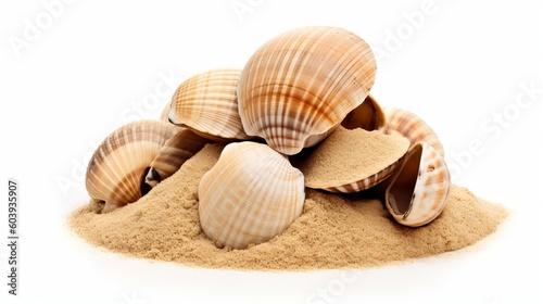 Sea shells in sand pile isolated on white background generative ai