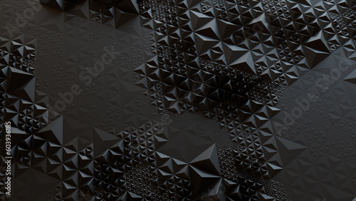 Dark Futuristic Surface with Tetrahedrons. Black, Polygonal 3d Background.