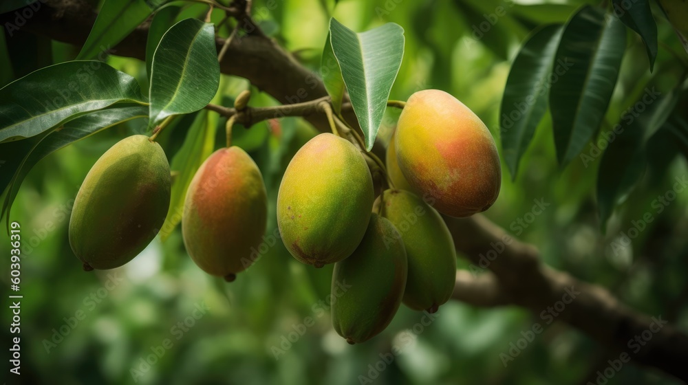 Flourishing Mango Tree, Laden with Ripened, Fully Grown Fruits Nestled within a Verdant Garden Landscape - Generative AI Illustration Flourishing Mango Tree, Laden with Ripened, Fully Grown Fruits Nestled within a Verdant Garden Landscape - Generative AI Illustration