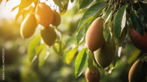 Flourishing Mango Tree, Laden with Ripened, Fully Grown Fruits Nestled within a Verdant Garden Landscape - Generative AI Illustration