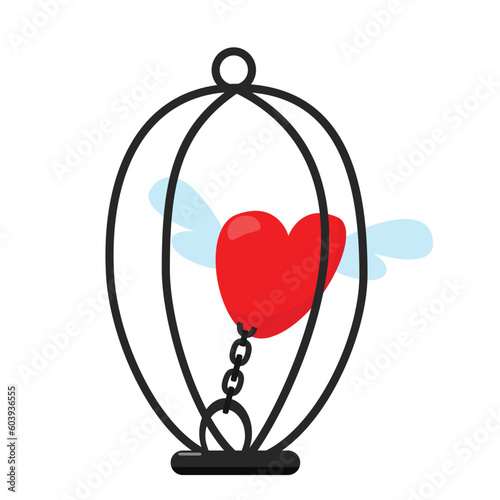 Heart with wings in a cage in cartoon style isolated on white background. The concept of toxic love relationships, domestic violence and emotional problems.
