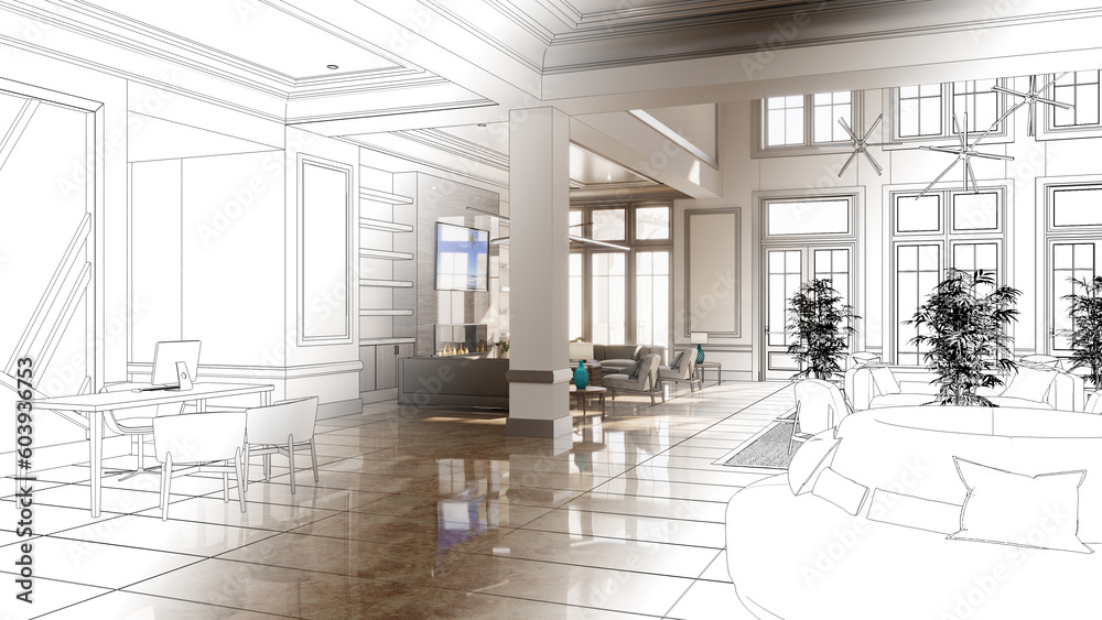 large interior of the lobby in the hotel, 3D illustration, cg render