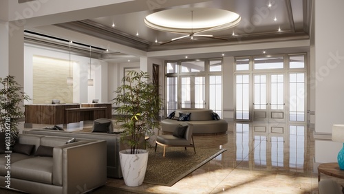 large interior of the lobby in the hotel, 3D illustration, cg render