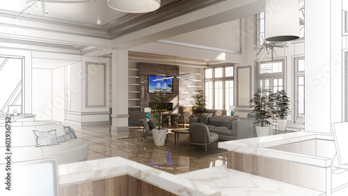 large interior of the lobby in the hotel  3D illustration  cg render