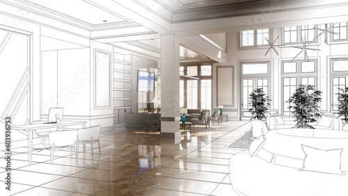 large interior of the lobby in the hotel, 3D illustration, cg render © vadim_fl