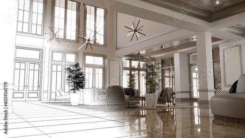 large interior of the lobby in the hotel, 3D illustration, cg render © vadim_fl