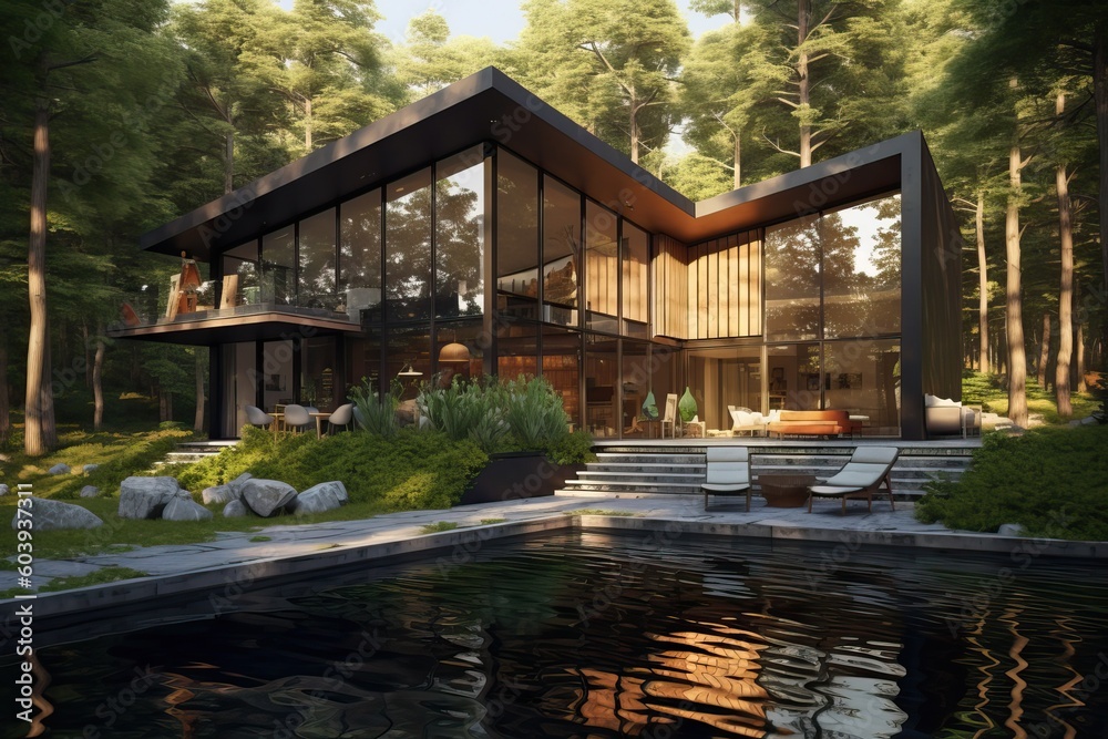 Fototapeta premium Modern house with pool in a natural environment, generative ai