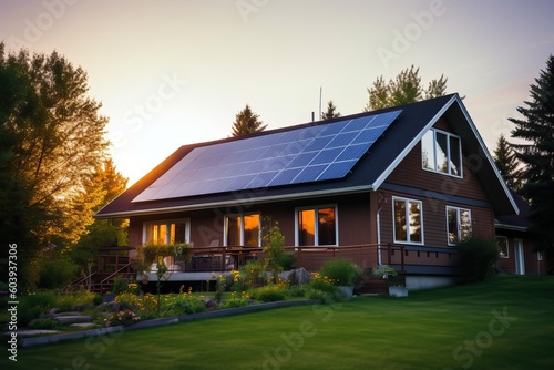 home with solar panels on the roof at sunset , ideal for sustainable energies backgrounds, generative AI © FrankBoston